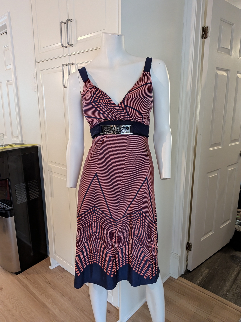 Sleeveless V-Neck Pink & Navy Geometric Fit-and-Flare Dress